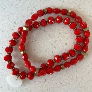 BOGO $5 ITEMS! Mother of Pearl Charm Red & Gold Beaded Bracelet Set